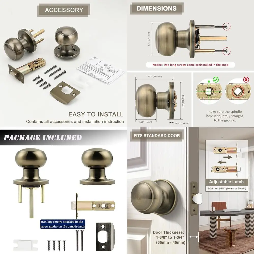 

10-Pack Antique Brass Passage Door Knobs, Keyless Interior Handles for Hallway & Closet Doors