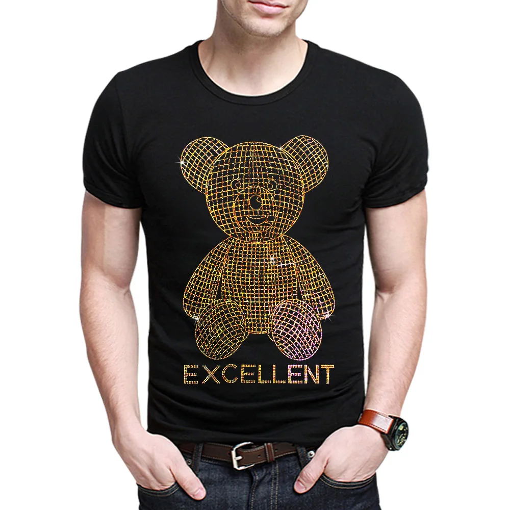 New Style Shining Golden Cute Bear Diamond Short Sleeve Tees For Men Cotton V Neck T-SHIRTS S-5XL Oversized T Shirts Male Tops image 3