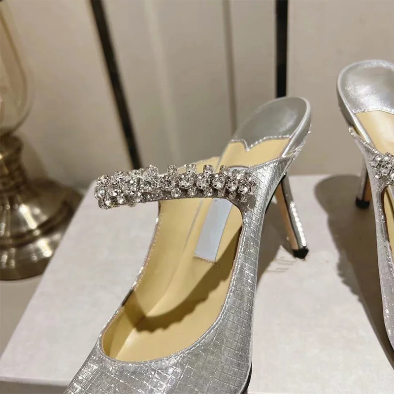 Diamond Glitter Fabric Wedding Shoes Crystal-embellished Strap Slip-on Style Genuine Leather Summer Party Stiletto Women Shoes