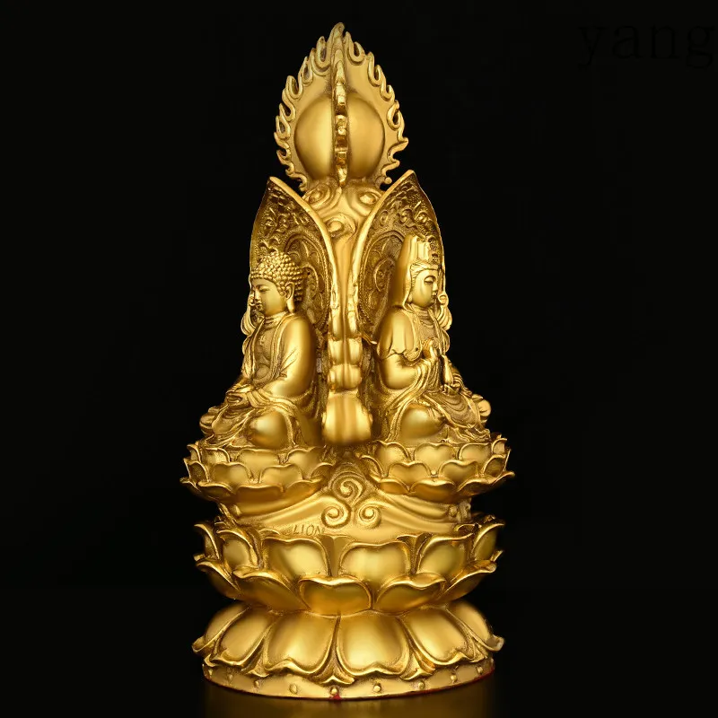 LMMFeng Shui Copper Three-Faced Buddha Figurine Home Worship Living Room Decorative Statue