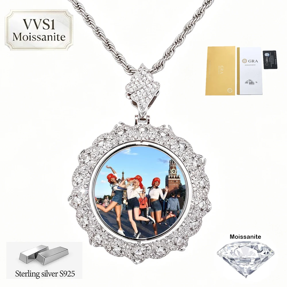 Fine 925 Sterling Silver Thorns Round Rotating Photo Pendant Necklace Iced Out VVS1 Moissanite Custom Two Picture Pendant Gifts