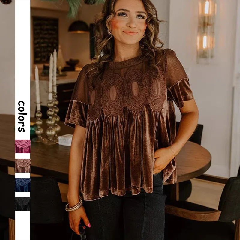 

Luxury-Velvet Blouse Lace Embroidered Scalloped Blouse Gold-Accent Threaded Puff-Sleeve Blouse Romantic Evening Party Top