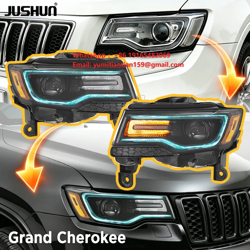JUSHUN Led Projector Headlight for Jeep Grand Cherokee 2014-2021 Upgraded LED Dynamic signal Start Sequence Rainbow Colors