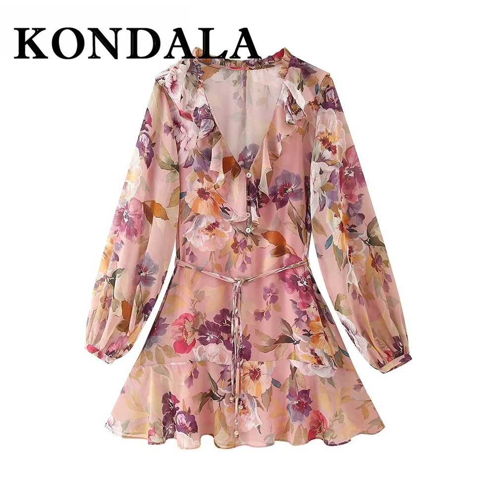 콘달라 시크 플라워 프린트 여성 드레스 패션 2025 V넥 캐스케이딩 미니 드레스 끈 단추 주름 여성 봄 원피스