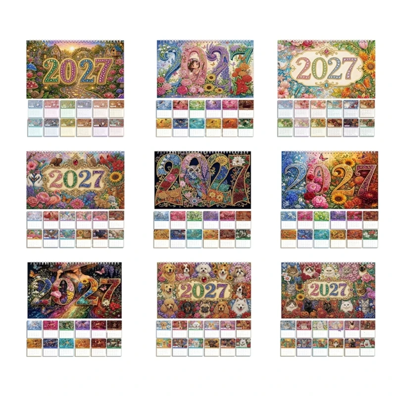 2027 DIY Strassstein-Malkalender-Set, spiralgebundene Papierseiten für monatliche Datumsanzeige, Planung und Wandanzeige D2RC
