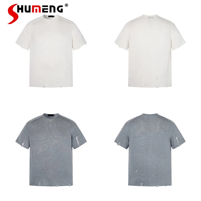 

Fashion Simple Round Neck Short Sleeve Knitted Tops Men's 2026 Summer New Trendy Hole T-shirts Male Simple Chic Solid Color Tees