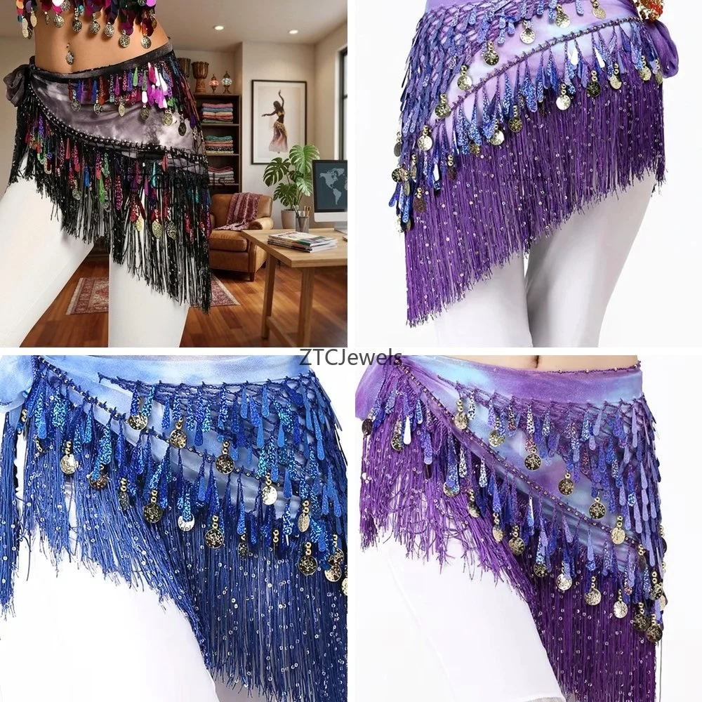 

Belly Dance Hip Scarf with Coins and Sequins Tassel Wrap Skirt for Women Festival Cosplay Performance