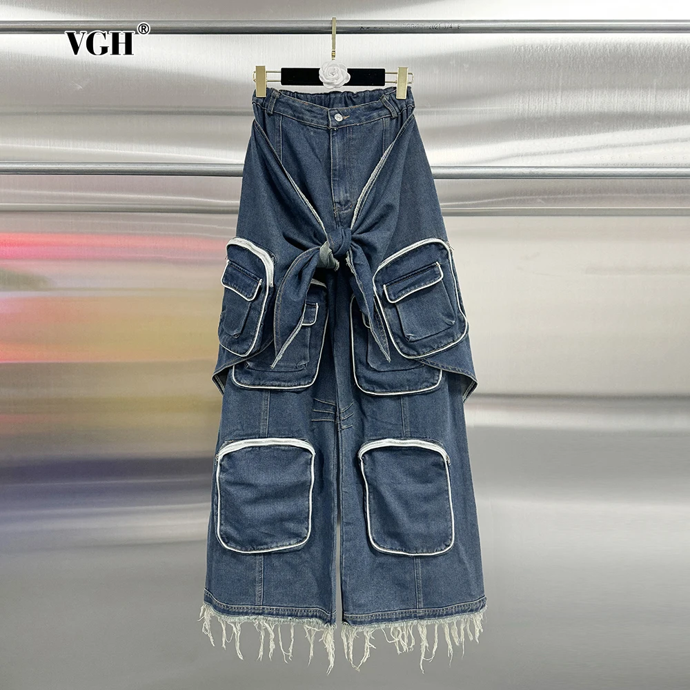 

VGH Patchwork Bandage Cargo Pant For Women Big Pockets Design Spliced Raw Edge Streetwear Denim Wide Leg Trousers Female Fashion