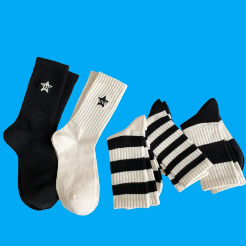 5/10 Pairs New High Elastic Women's Simple Sports Mid Tube Socks Black White Striped Middle Socks Men Women Casual High Socks