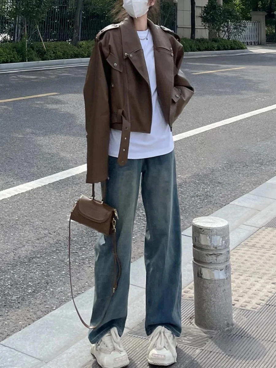 เสื้อแจ็คเก็ตหนัง PU สีน้ำตาล คอปก ทรงหลวม สำหรับผู้หญิง สไตล์ลำลอง ใส่ทำงาน แบรนด์ PmORh สำหรับเด็กอายุ 8-24 ปี