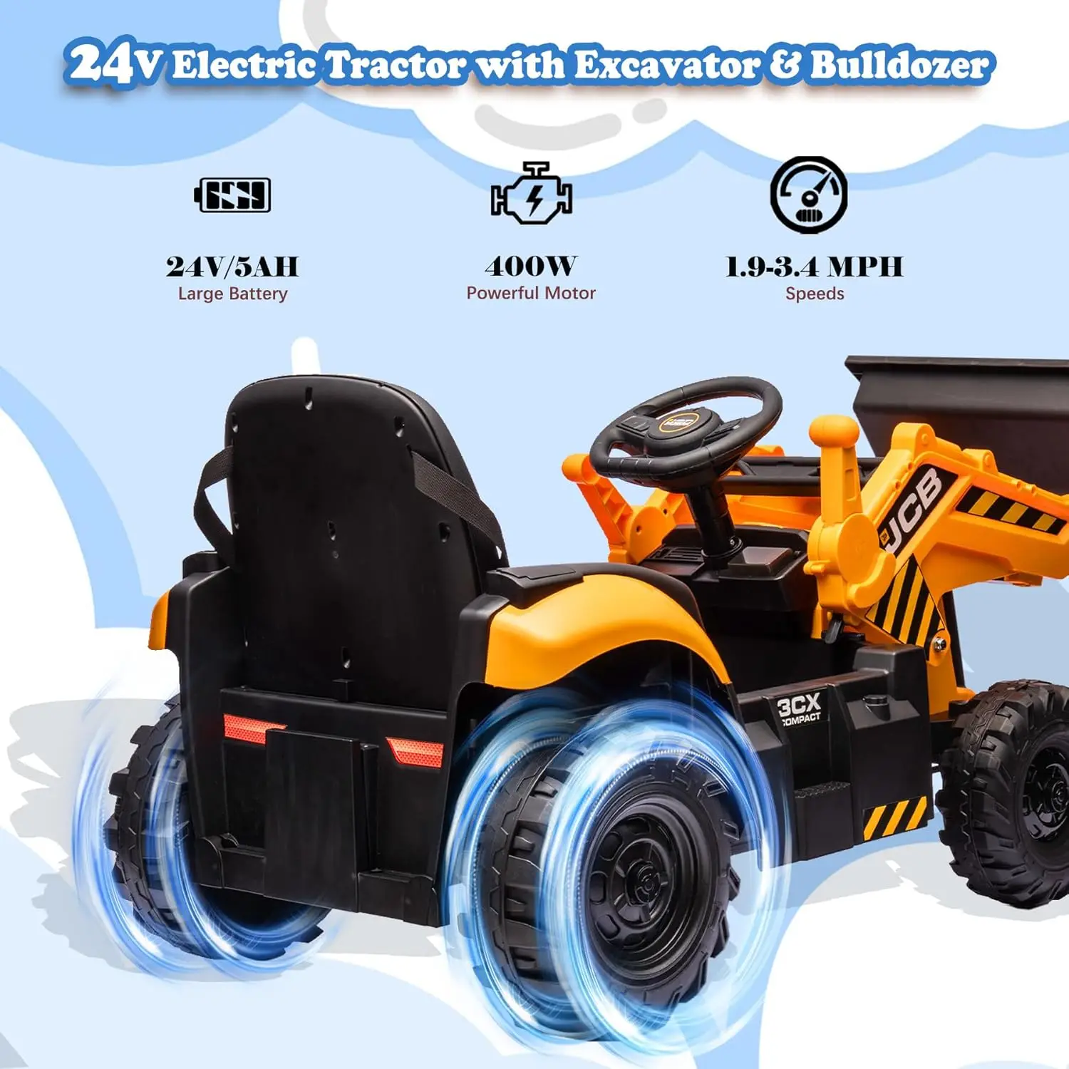 24V Ride On Excavator, Construction Electric Vehicle for Kids 3-8 with Tractor, Bulldozer, Digging Arm, Remote Control