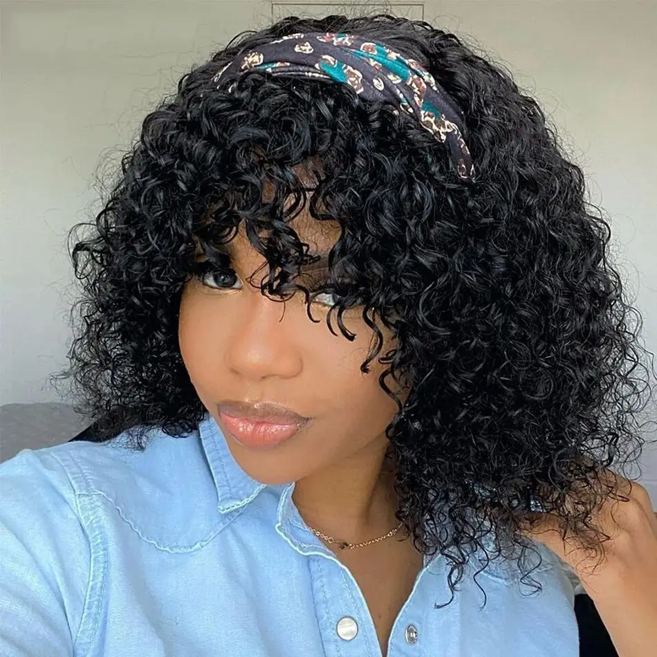 Heyju Water Wave Human Hair Wig With Bangs Glueless Fringe Wig Kinky Curly Bob Wig with Bangs Full Machine Made Wigs Easy To GO image 2