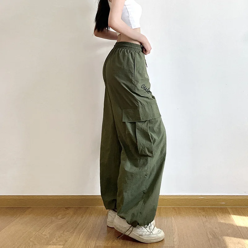 Streetwear Embroidery Cargo Pants Women High Waist Pockets Drawstring Baggy Pants Casual Straight Green Loose Trousers