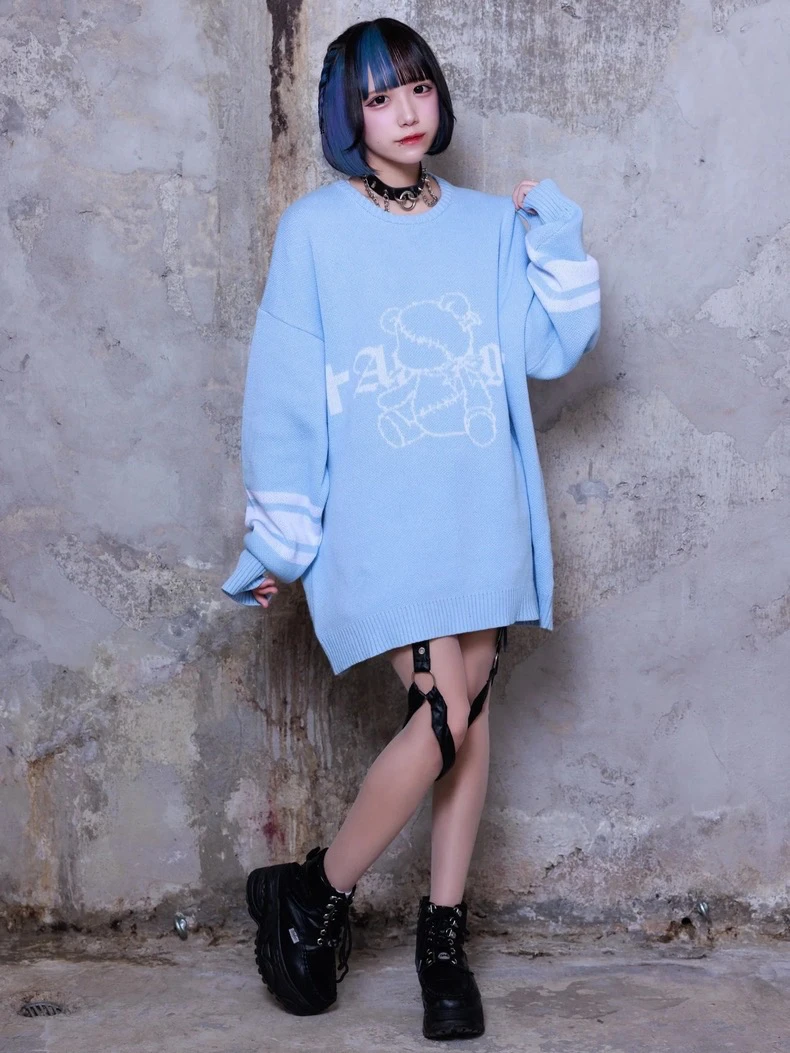 Japanese Mine Style Mass-produced Subculture Round Neck Long Sleeve Loose Bear Oversized Sweater Knitted Pullovers Women Autumn