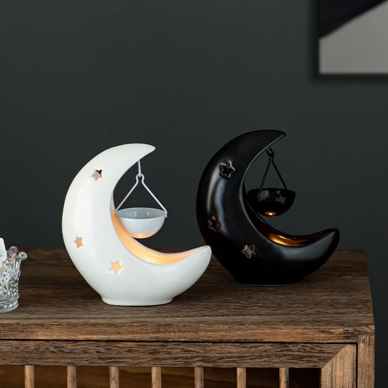 Moon Shape Ceramic Essential Oil Burner, with Hanging Pot & Tea Light Warmer, for Aromatherapy Home Decor Bedroom Christmas Gift