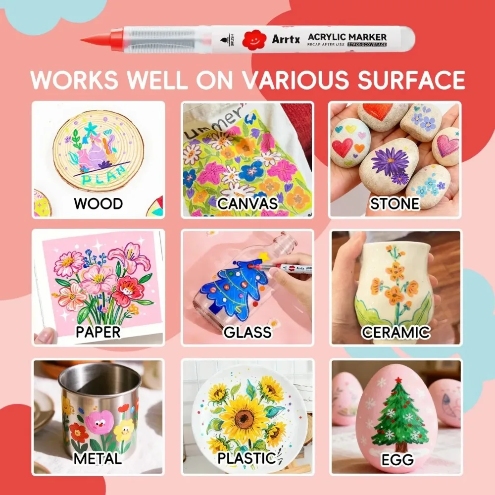 Arrtx 36/60 Colors Cartoon Acrylic Paint Pens Acrylic Markers Soft Brush Tip for Rock Painting Ceramic Glass Wood Plastic Metal
