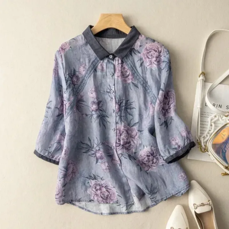 

Women's Linen Cotton Floral Print 3/4 Sleeve Shirt Loose Casual Vintage Blouse