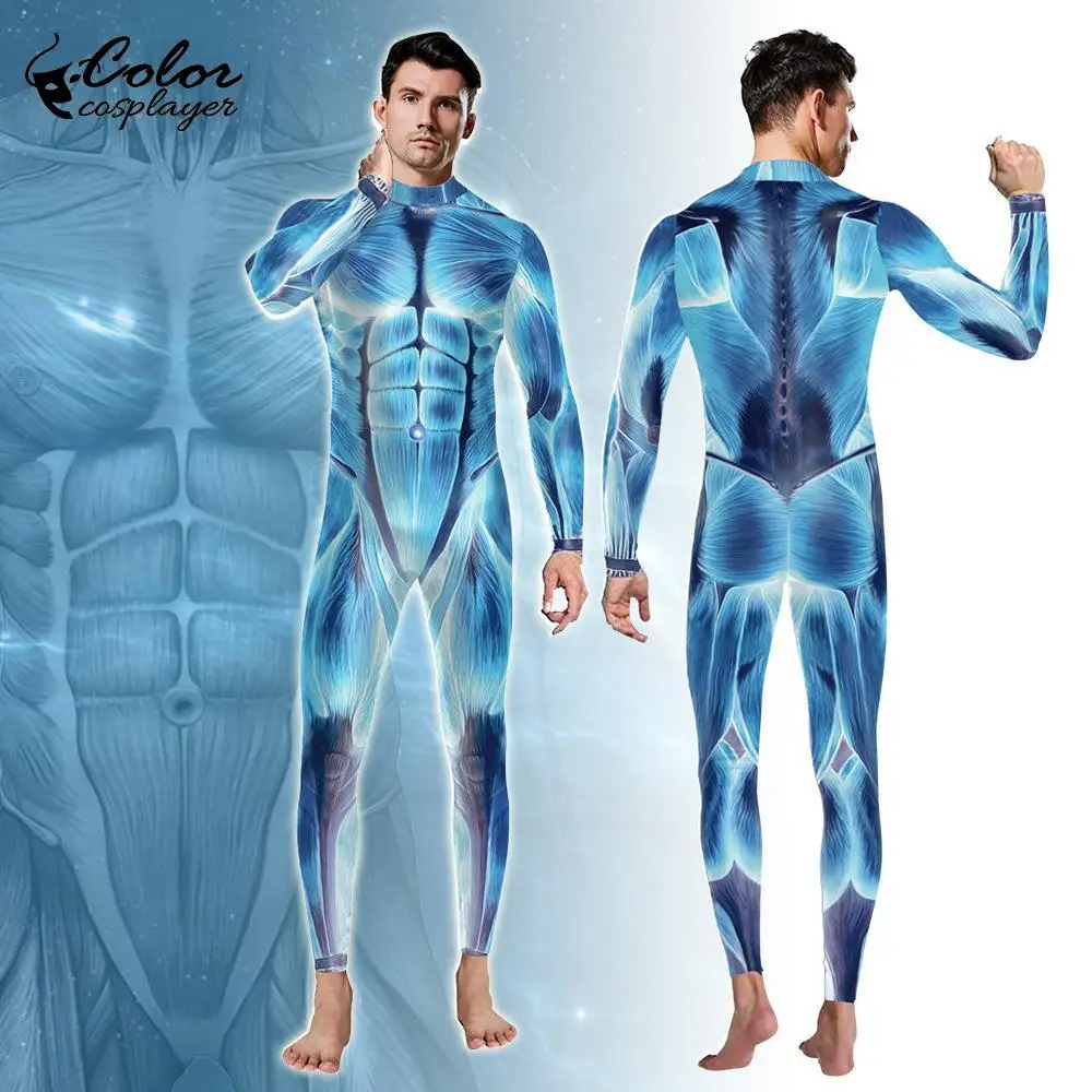 Kleur Cosplayer Spieren Jumpsuit Halloween Mannen Menselijk Lichaam Spierfilm Cosplay Kostuum Zentai Party Catsuit Bodysuit Jumpsuit