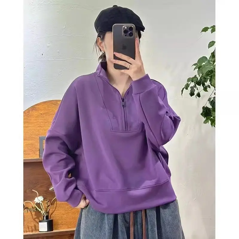 Jesień Zima Pół Zamek błyskawiczny Damska koszulka z długim rękawem Moda Prosty All-match Casual Chic Oversized Pullover Top Office Lady Home