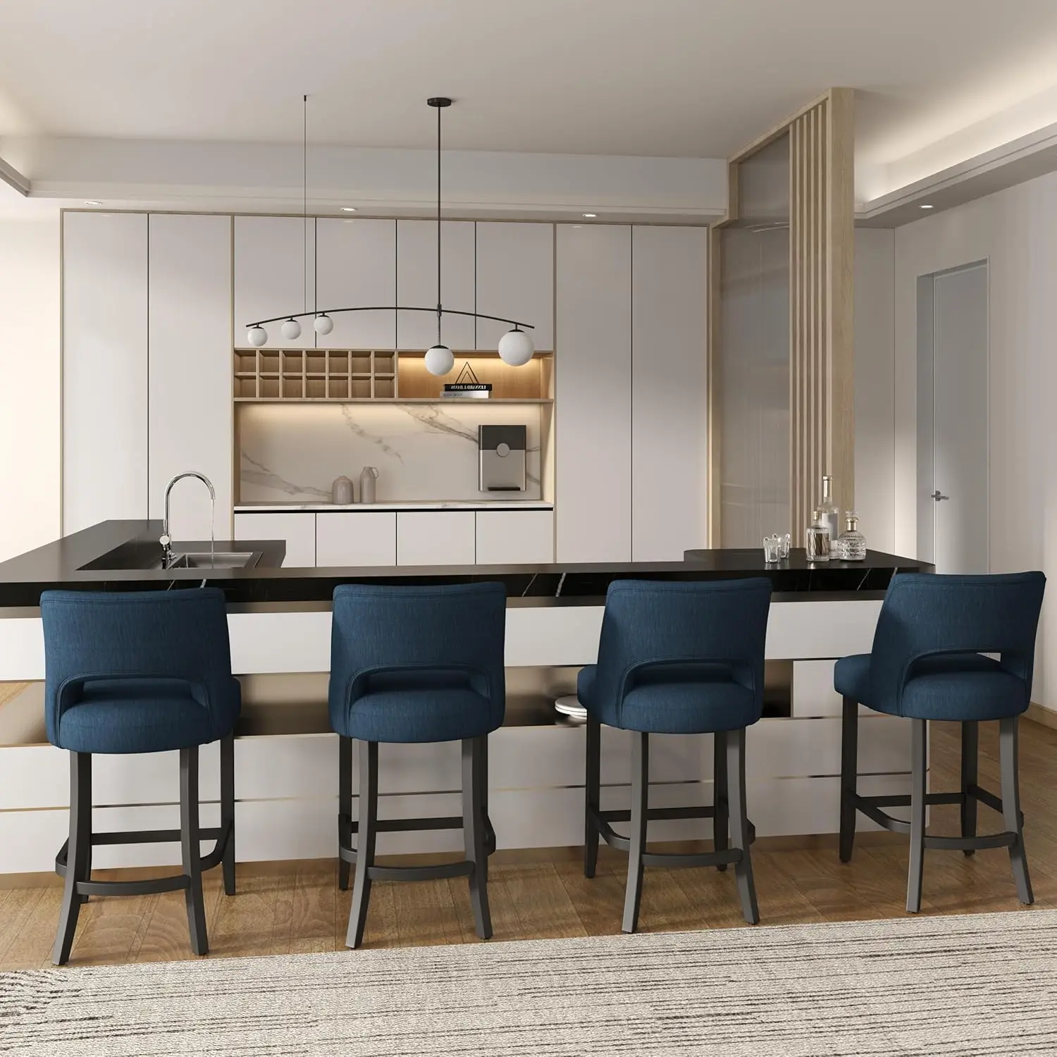 مجموعة مقاعد البار مكونة من 2، مقاعد حديثة منجدة بأرجل خشبية سوداء، وأرجل زرقاء وسوداء لجزيرة المطبخ #5