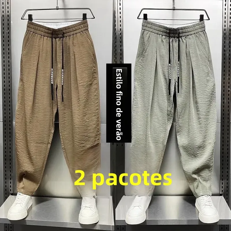 Calças Casuais Masculinas de Verão em Seda Gelada, Finas, Respiráveis, de Caimento Solto, Secagem Rápida, Versáteis, Estilo H...