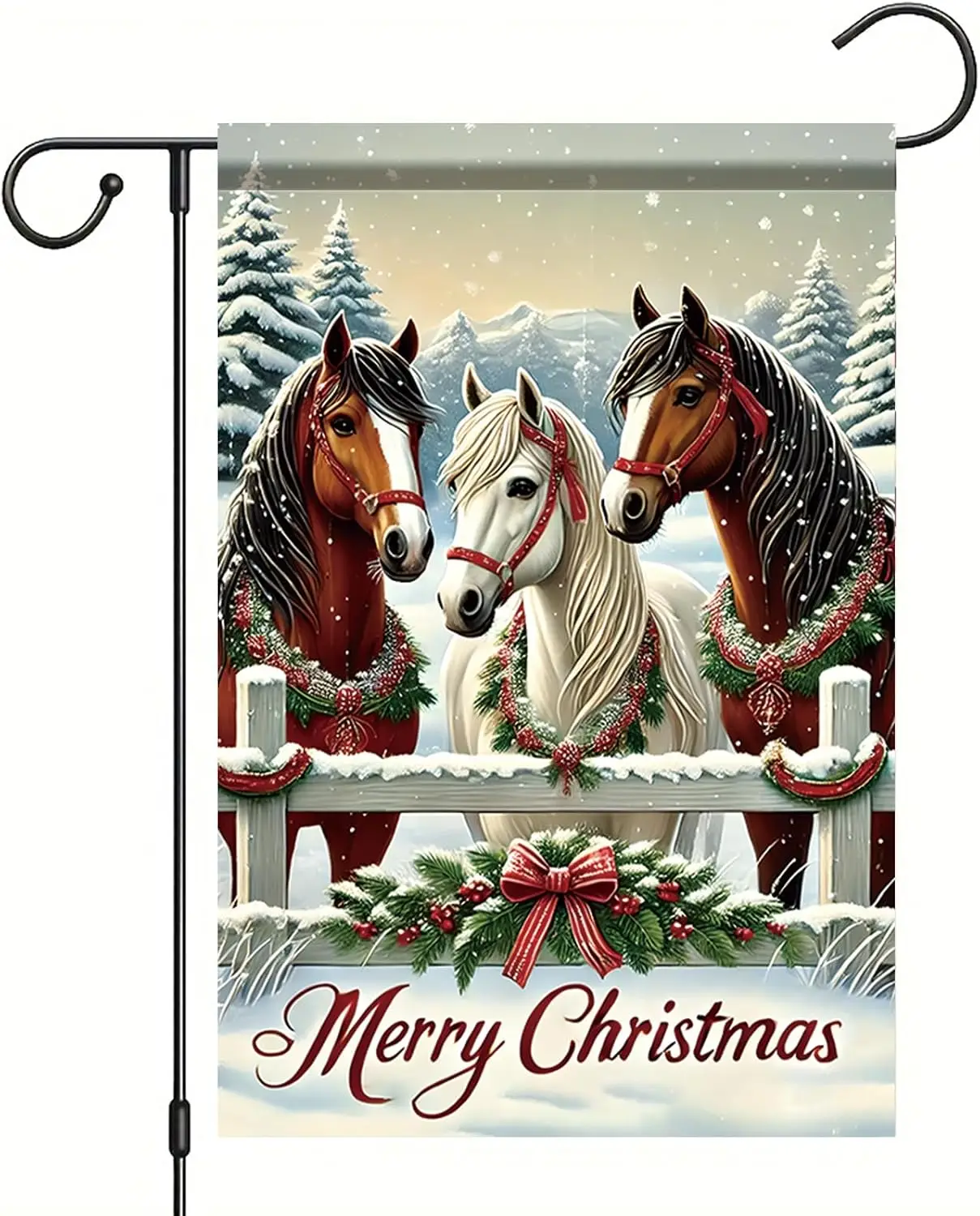 Christmas Horse Garden Flag 12x18 Inch Double Sided Outdoor Winter Farmhouse Holiday Decoration Rustic Snow Forest Merry Chr uui