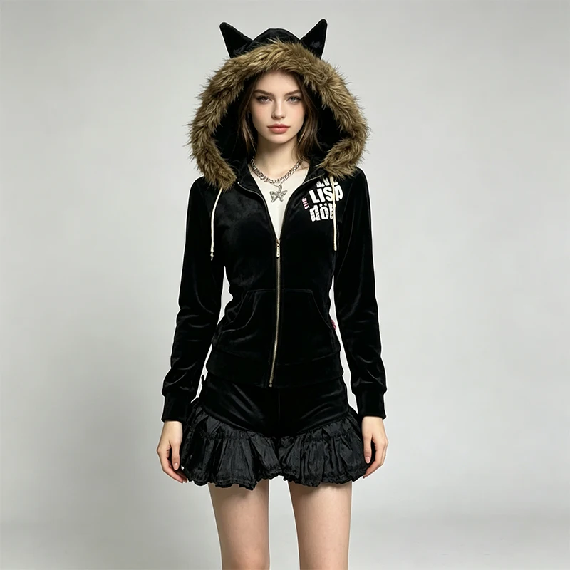Women Y2K Two Piece Set Cat Ear Fur Trim Velvet Zip Up Hoodie Rhinestone Letter Print Ruffle Mini Skirt Sweet Harajuku