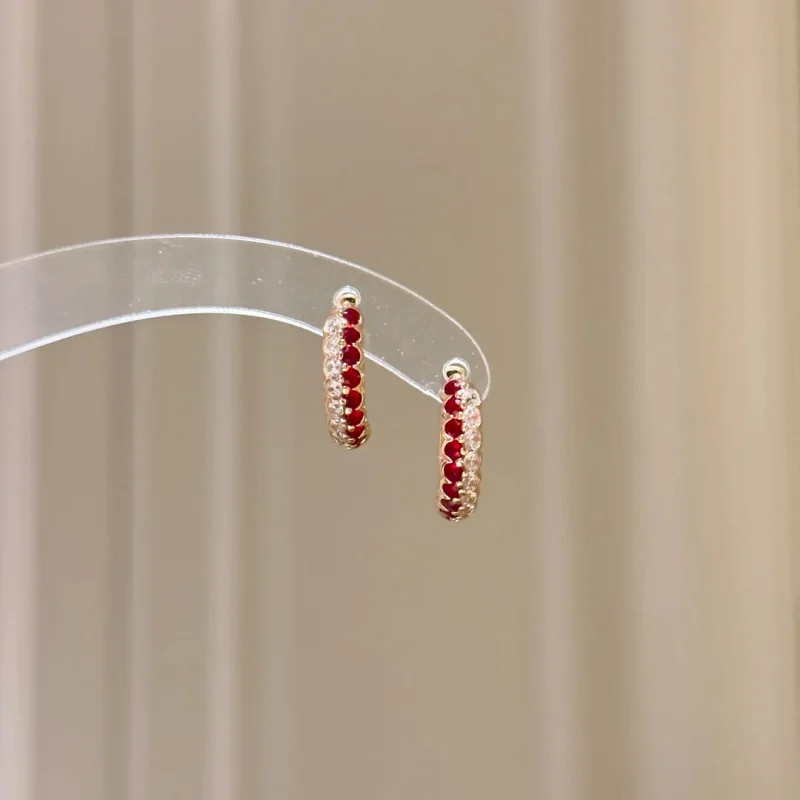 Fashionable Double-Row Drill Red Corundum Ear Studs Luxury Simple Elegant Jewelry for Women Hip-Hop Parties