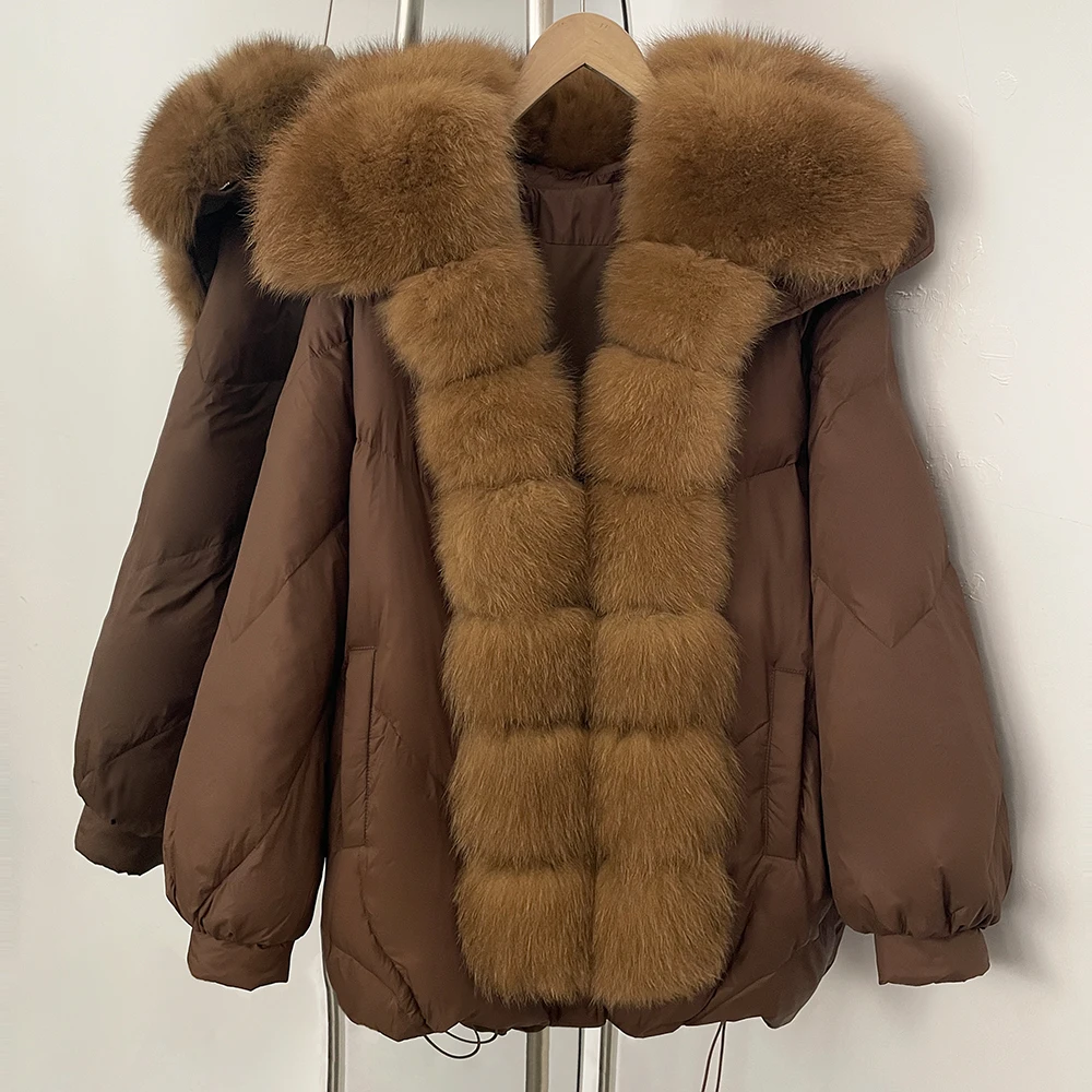 เสื้อแจ็คเก็ตขนเป็ดสำหรับผู้หญิง ฤดูหนาว แบบสั้น แต่งขนสุนัขจิ้งจอกแท้ คอปกขนฟ็อกซ์แท้ สีขาว  แบบพาร์กา