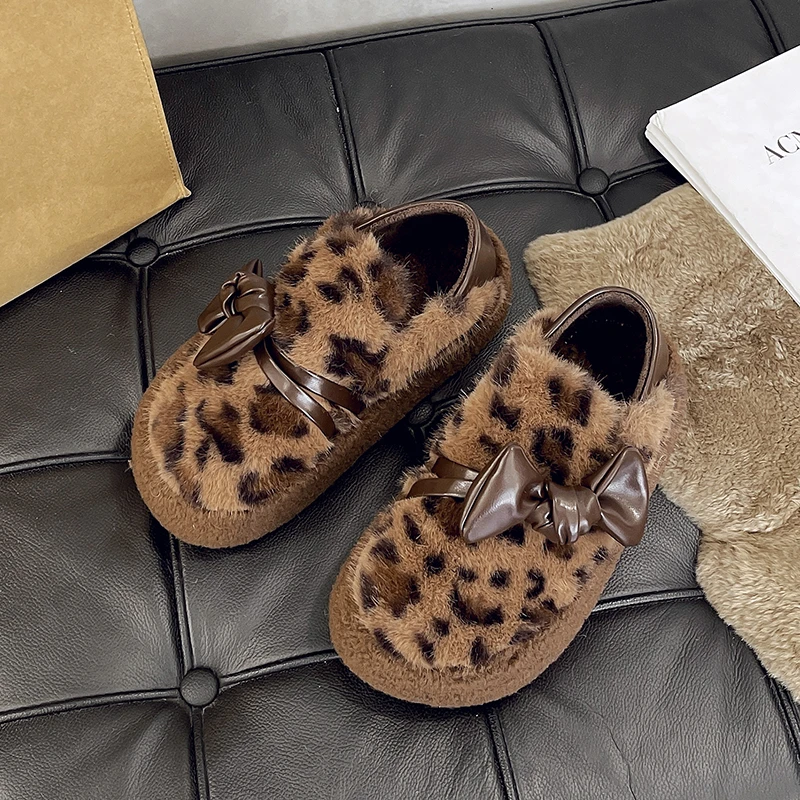 Winter New Flat Snow Boots Women's Round Head Deep Mouth Butterfly Knot Leopard Print Thick Sole Non-slip Cotton Shoes image 2