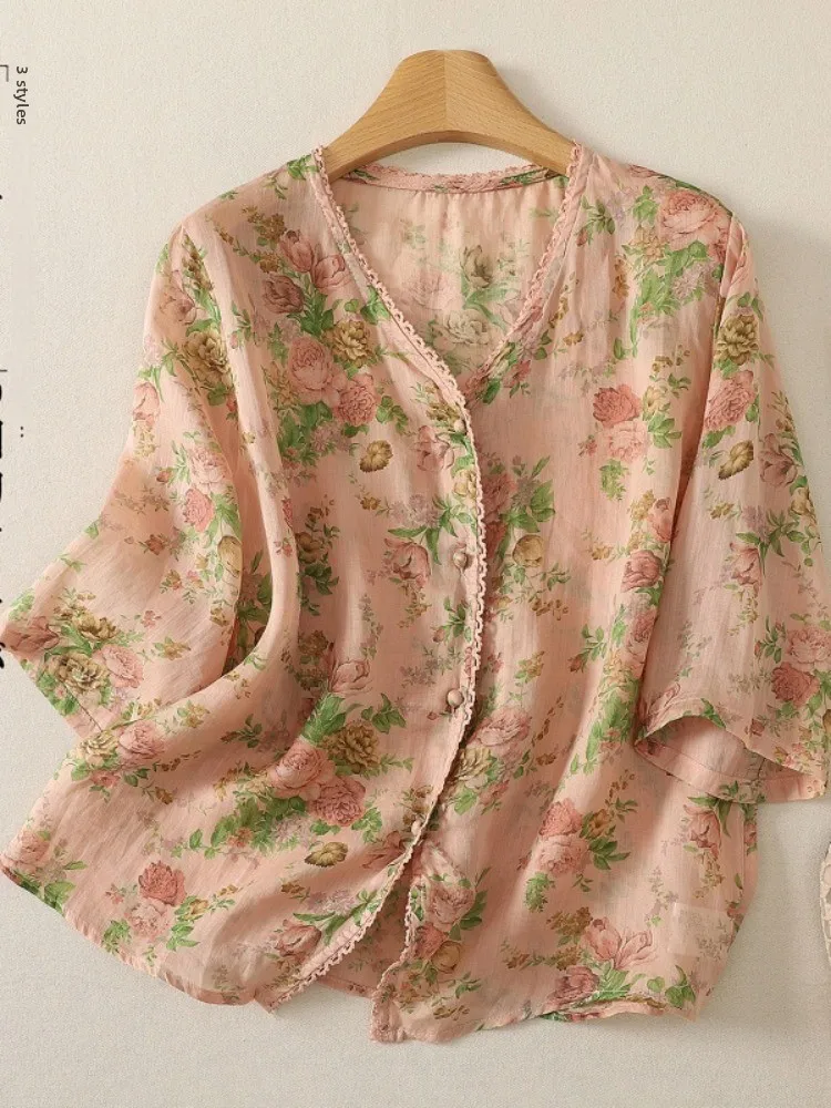 

Retro Floral Cotton Linen Short Sleeve Shirt Women's Summer Lightweight Breathable V-neck Hollow out Elegant Top