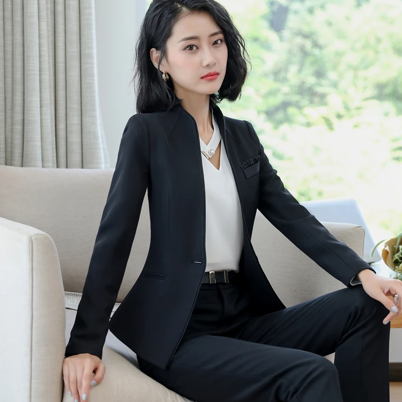 NAVIU mode femmes gris costumes nouveau automne hiver professionnel à manches longues Blazer et pantalon bureau dames vêtements de travail noir