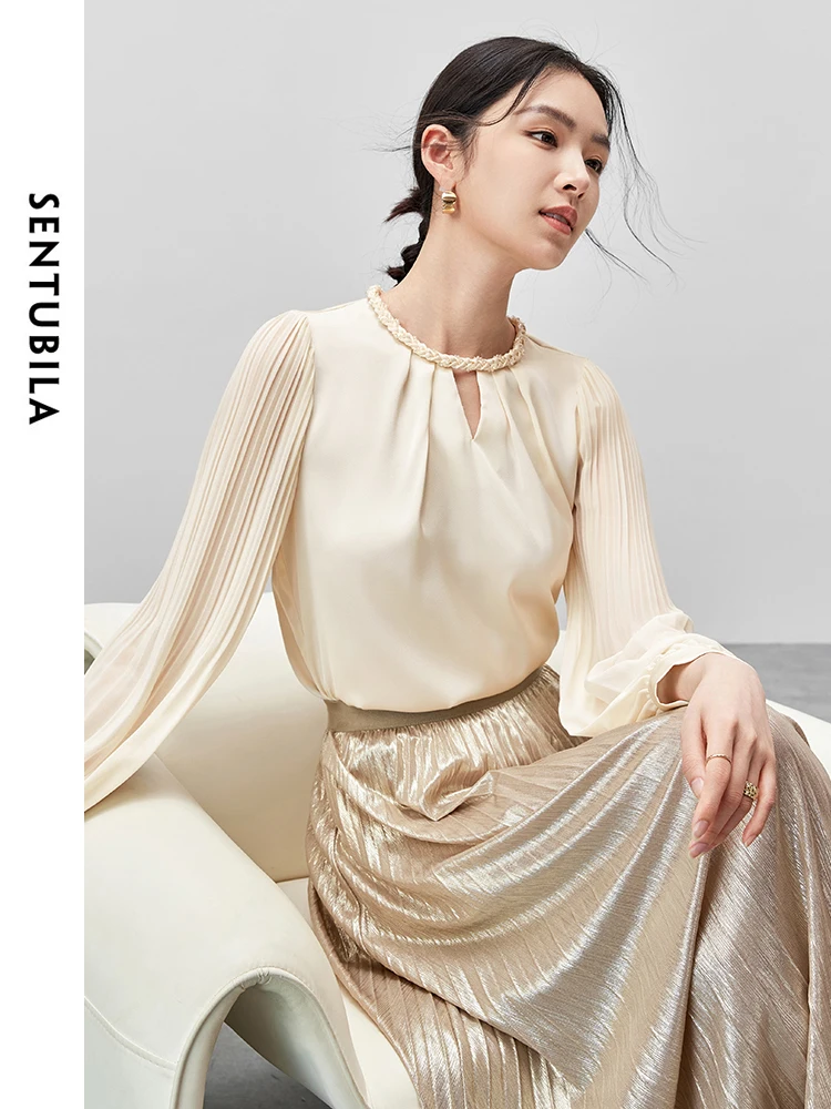 SENTUBILA Women French Hollow Out Blouse 2024 Autumn Chiffon Straight Woven O Neck Lantern Sleeve Tops 143V56037
