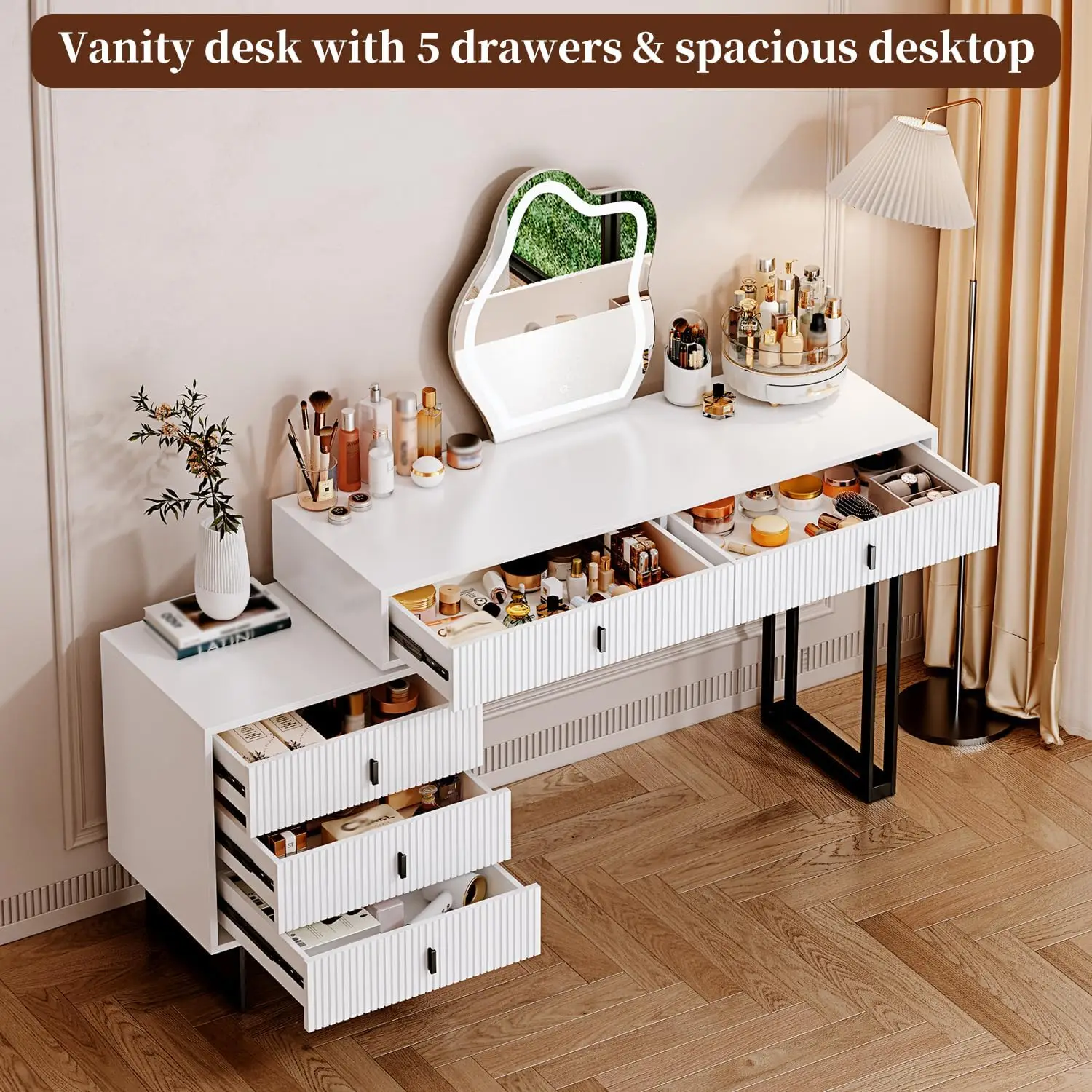 White With Plug,Large Vanity Desk With 3 Color Touch Screen Dimming Mirror, Modern Retractable Makeup Dressing Table With