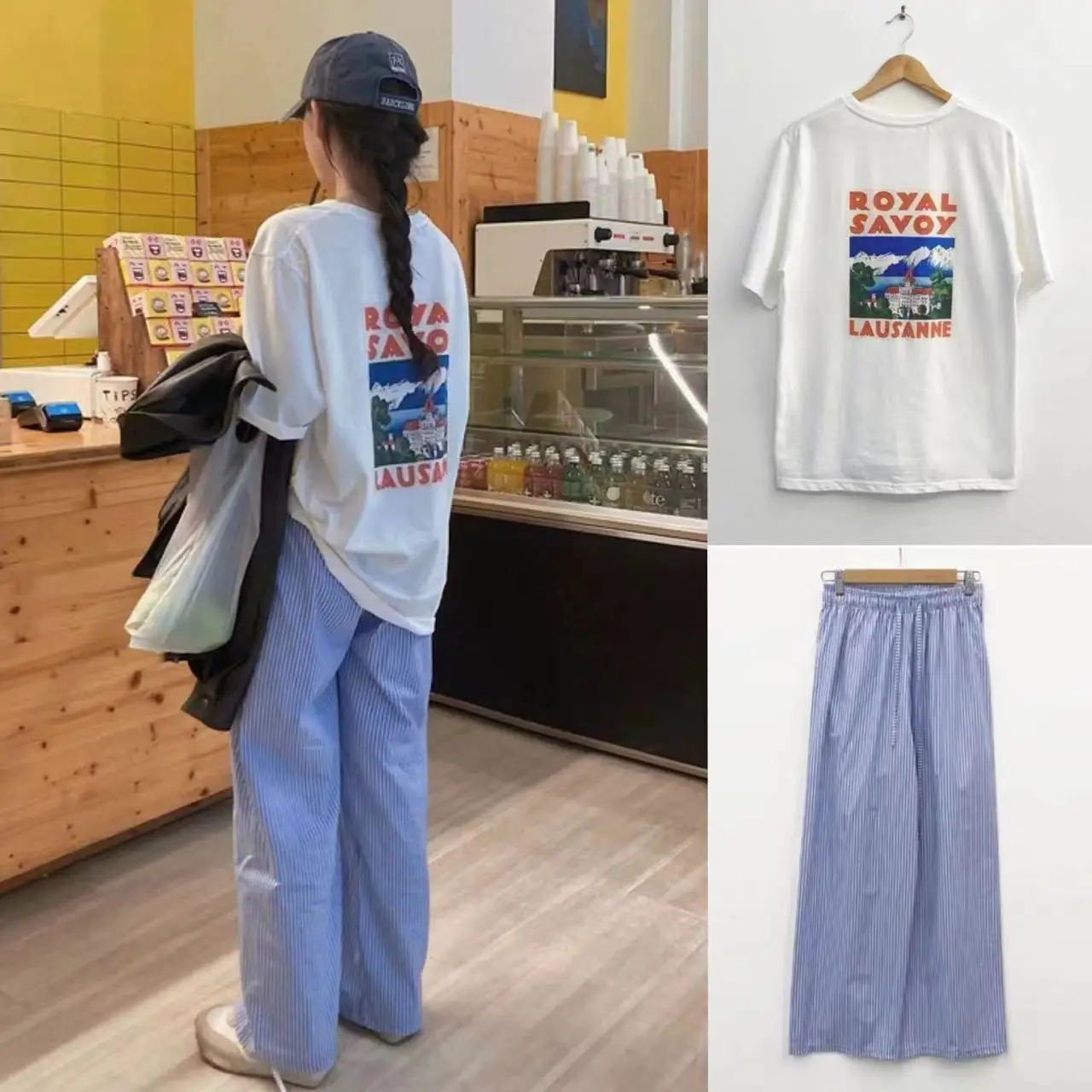 

Легкая летняя футболка с принтом ort Sve и повседневные брюки в полоску, женский комплект из хлопкового материала, тонкая защита от солнца