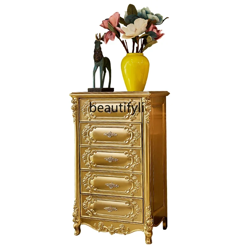 

European style champagne gold solid wood chest of drawers bedroom living room storage simple modern storage chest of drawers