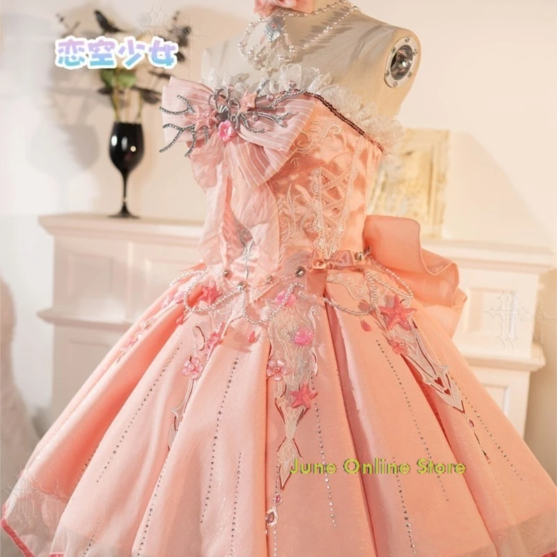 Anime Cosplay Costumes Infinity Nikki Pink Ribbon Waltz Sweet Lolita Sleeveless Rose Patch Lace Dress, Party view 2
