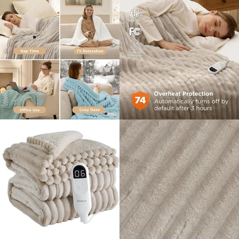 

Twin Size Thick Stripe Flannel Electric Blanket with 10 Timers, 6 Heat Levels, and 8-Hour Auto-Off for Grandma (62x84, Linen)