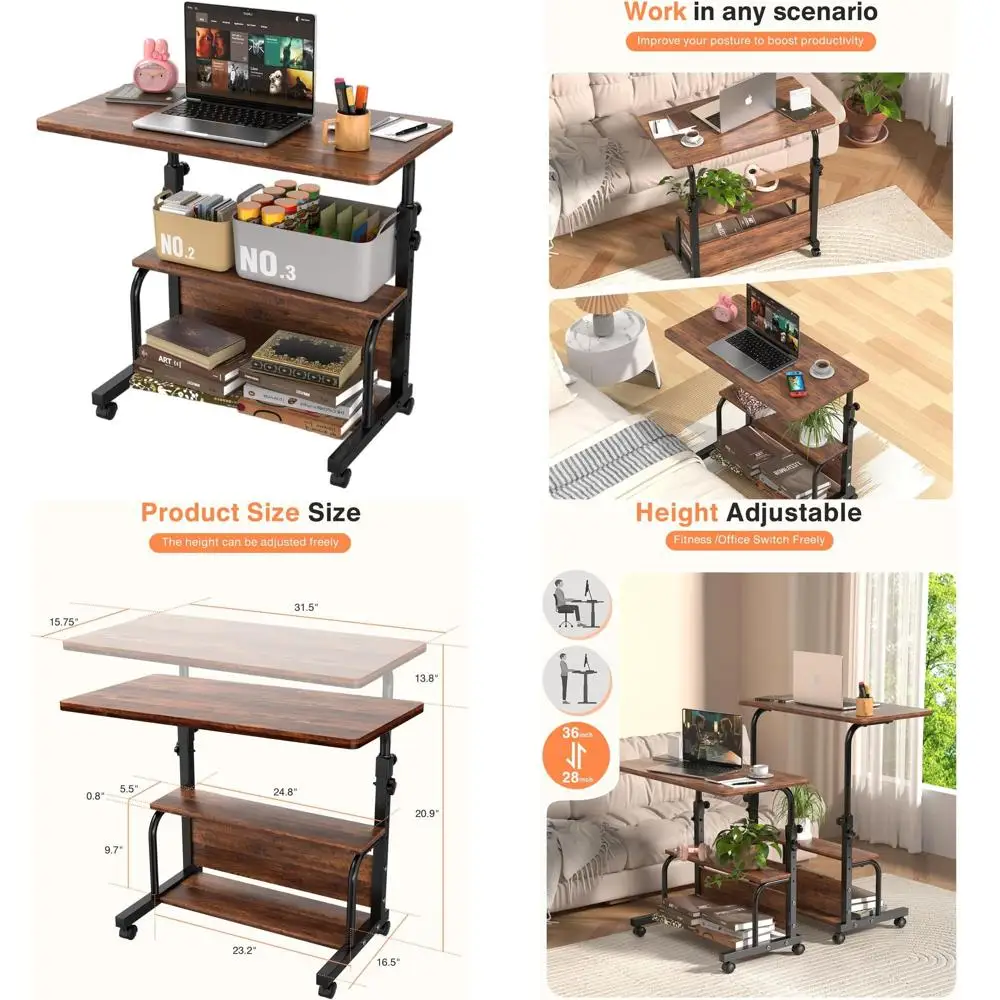 

Adjustable Height Portable Desk with Storage, 32 Rustic Rolling Computer Desk for Compact Spaces
