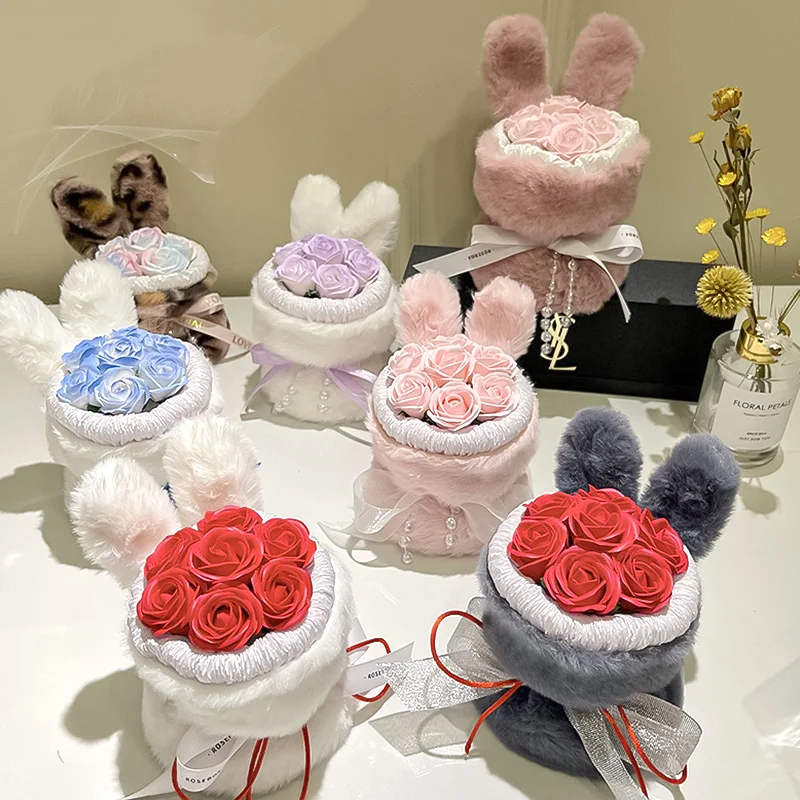 Romantic Handmade Plush Rabbit Ears Rose Hugging Bucket Valentine's Day Bouquet Gift for Girlfriend Mothers' Day Birthday Gifts