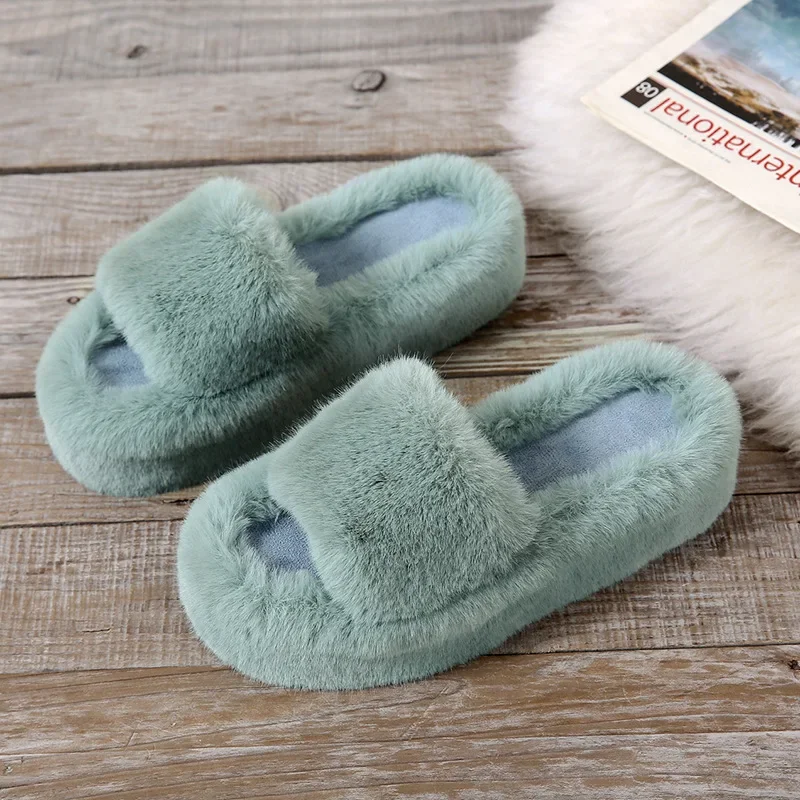 2022 Daughter Quality Luxury One Word Thick Sole Warm Plus Velvet Home Women Shoes Plush Open Toe Cotton Slippers