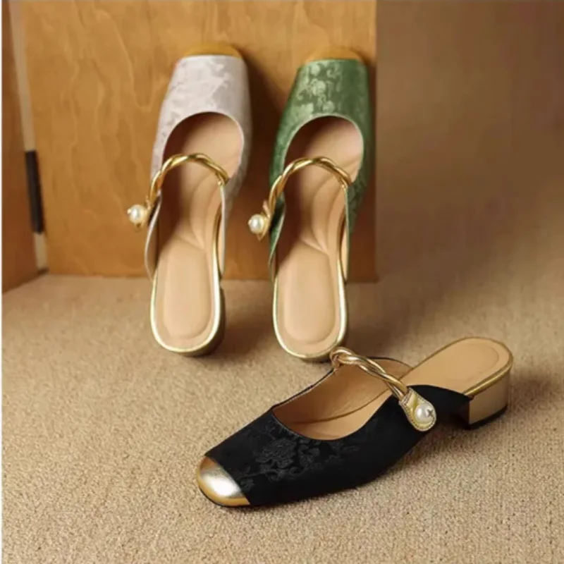 Satin Luxury Square Toe High Heels Women Fashion Designer Sandals Women Green Slingback Party Dress Shoes Muller Pumps Women