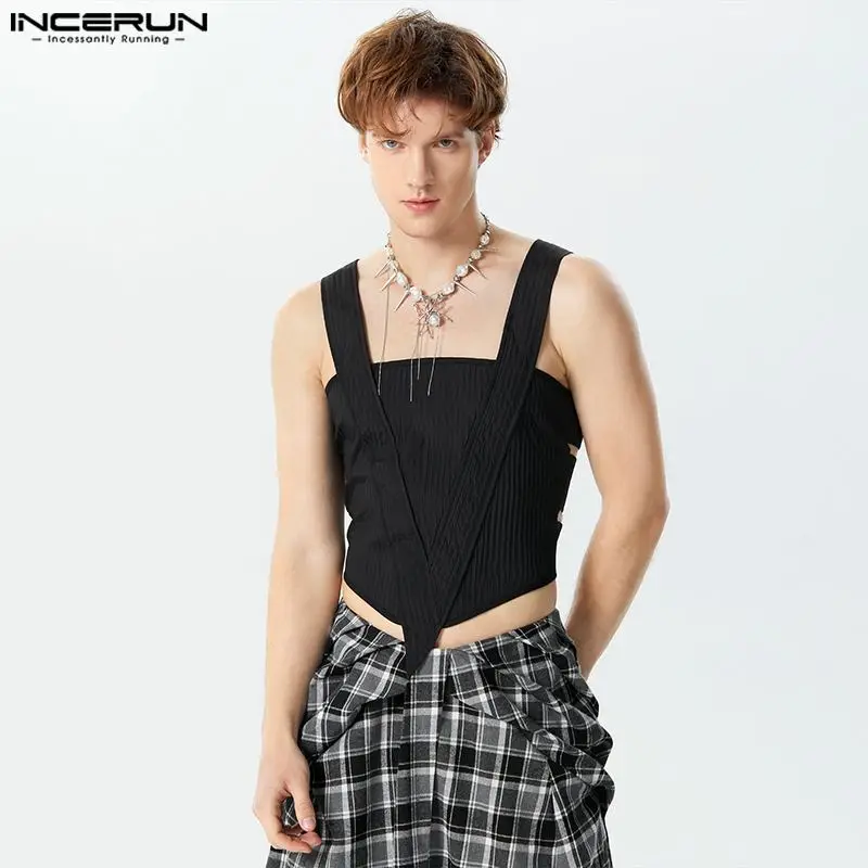 Fashion Casual Style Tops INCERUN New Men\'s Patchwork Hollow Vests Male Sexy Solid Color Cropped Sleeveless Tank Tops S-5XL 2024