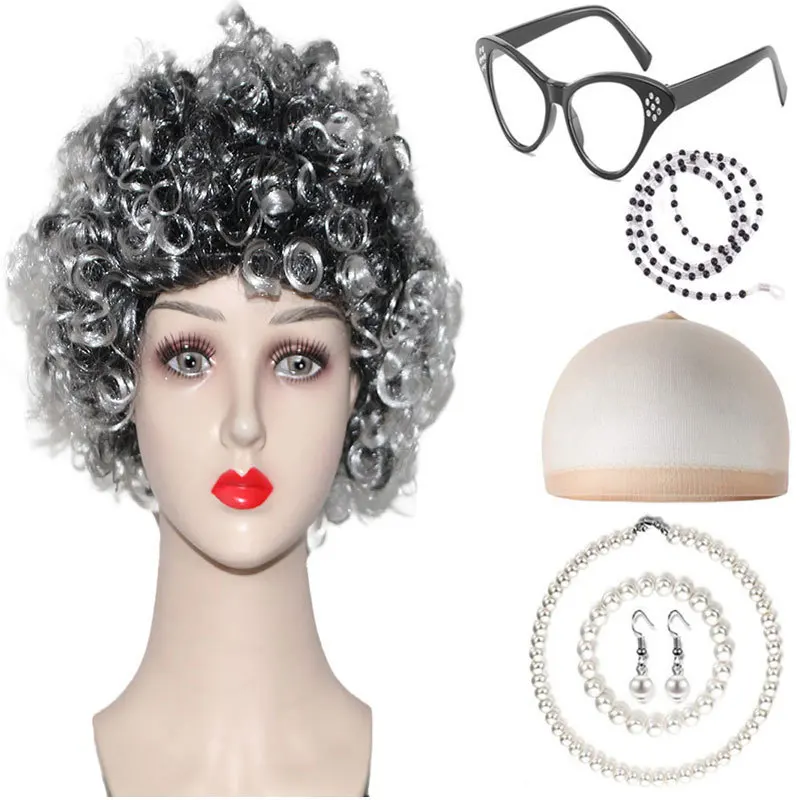 

COS Gray Hair Fake Curly Hair Silver White Scalp Halloween Old Woman and man Wig Cover
