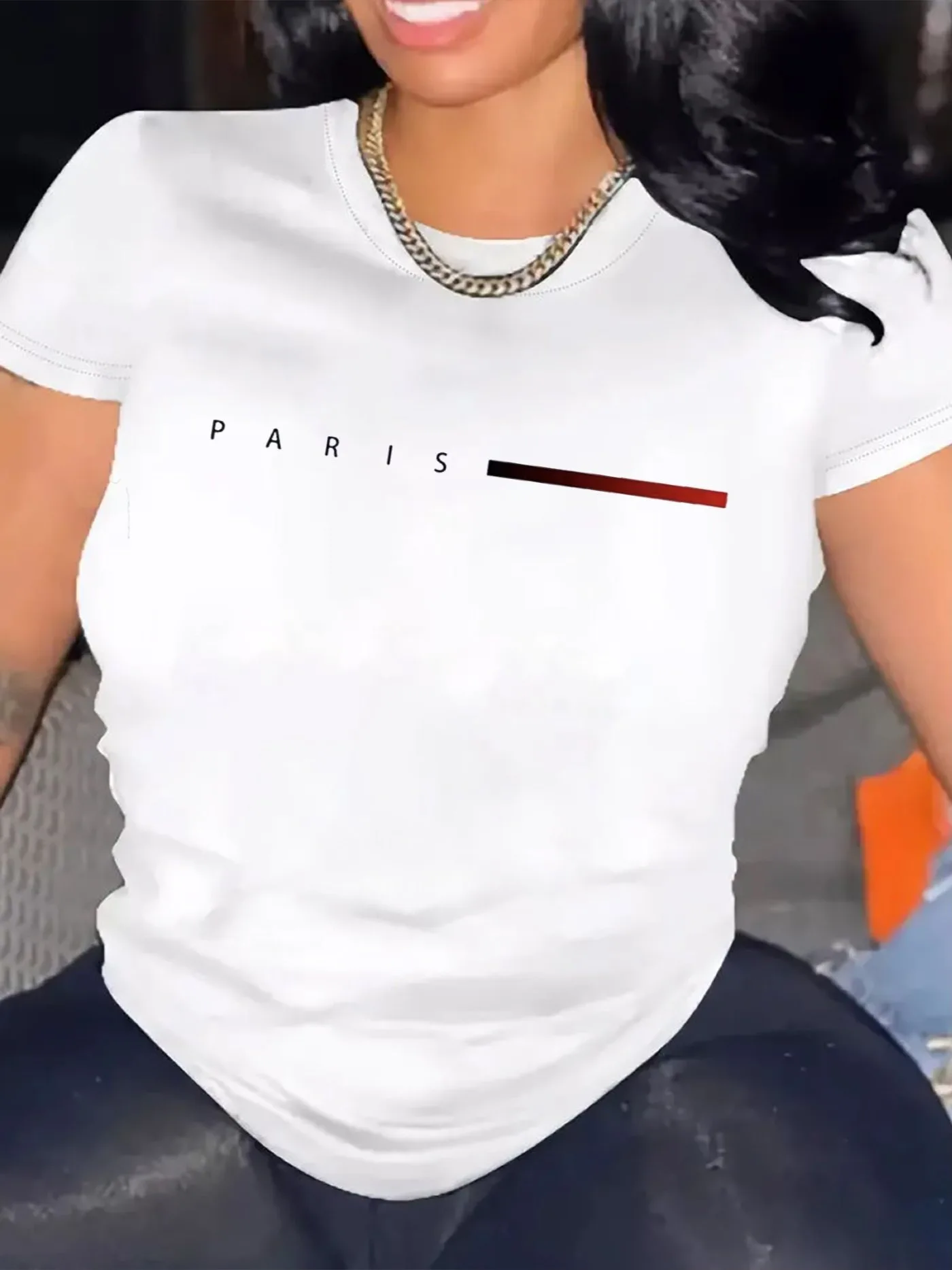 

Women's Paris Flag T-Shirt, Comfortable Round Neck, Casual Cotton Short-Sleeve, Soft and Breathable Top, Women's T-Shirt, Summer and Spring Streetwear Fabric, Fashionable Letter Print