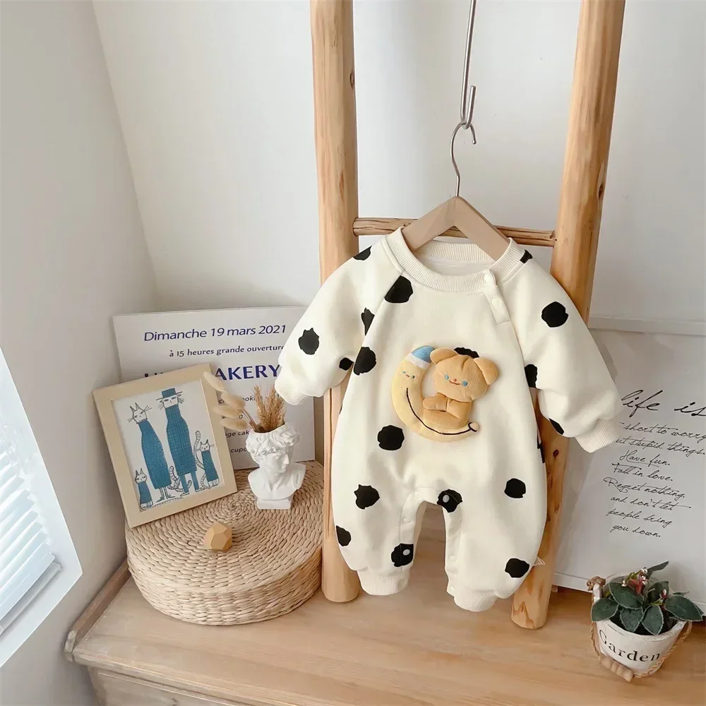 

2023 Winter New in Infant Baby Boys Full Sleeve Cartoon Moon Bear One-pieces Jumpsuits Newborn Kids Plush Outdoor Romper 0-24M