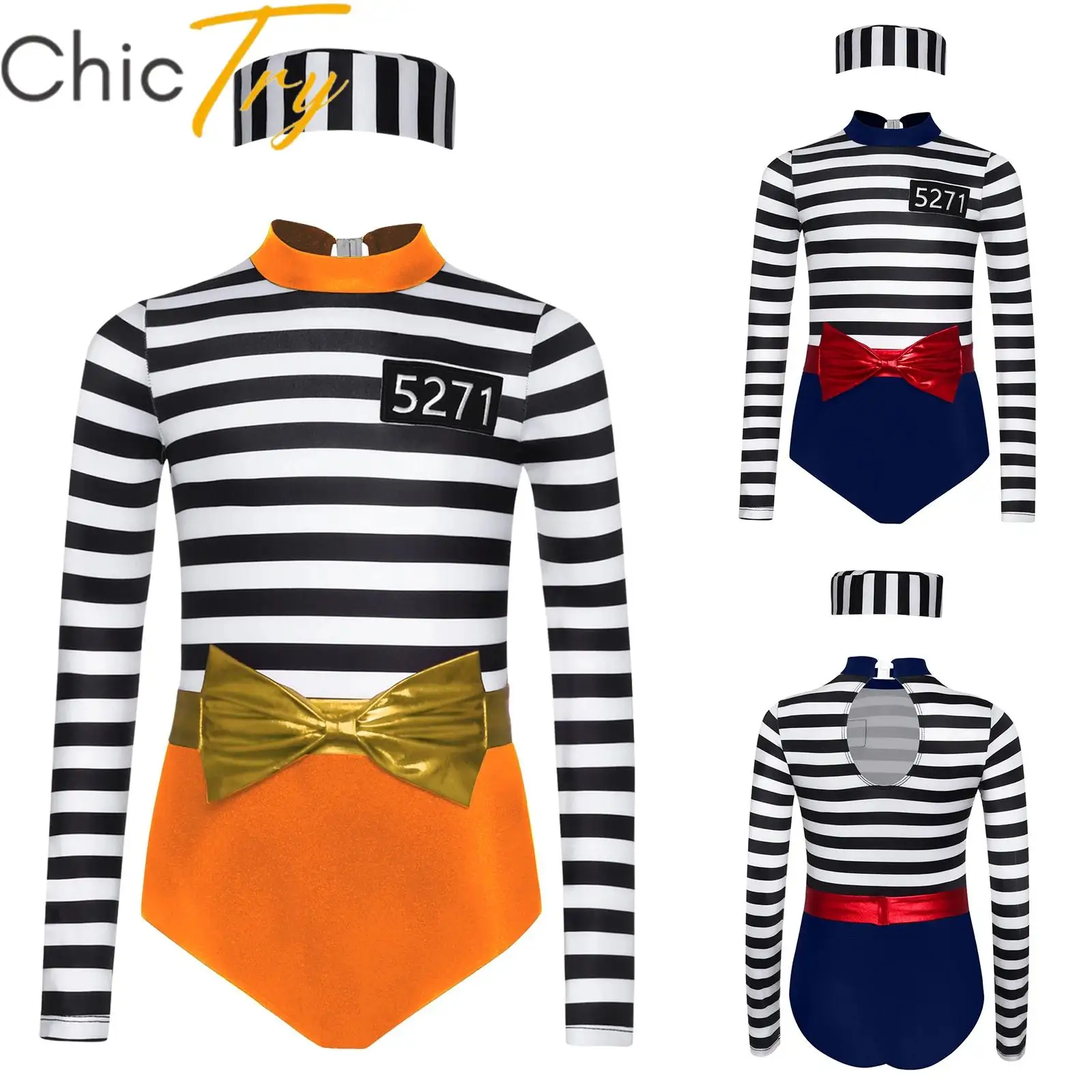 

Kids Girls Prisoner Cosplay Costume Halloween Roleplay Party Leotard Long Sleeve Jumpsuit with Bow Waist Belt and Convict Cap