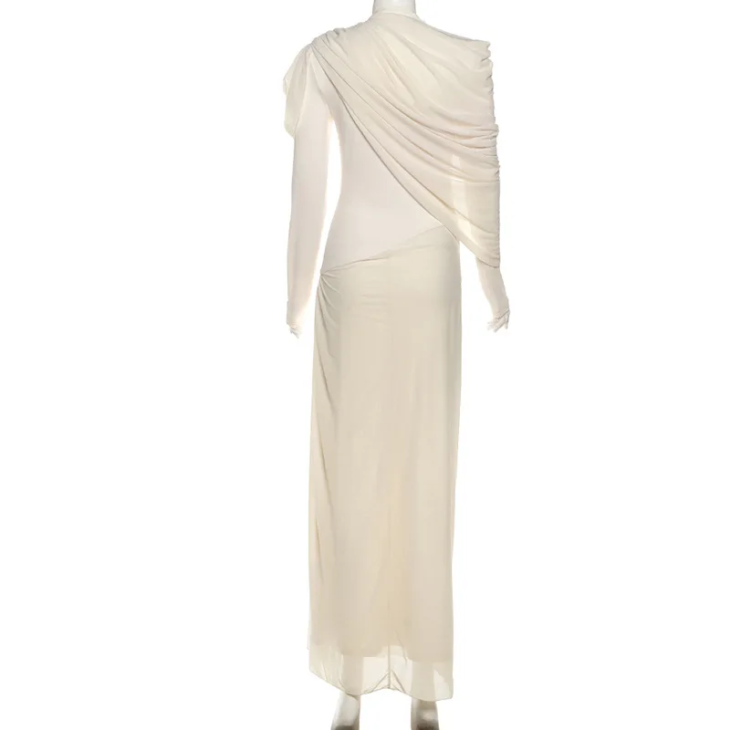 المرأة أزياء شبكة المرقعة أنيقة ماكسي حزب اللباس Ruched كيب كم كامل مطوي Bodycon مأدبة رداء طويل ثوب مسائي