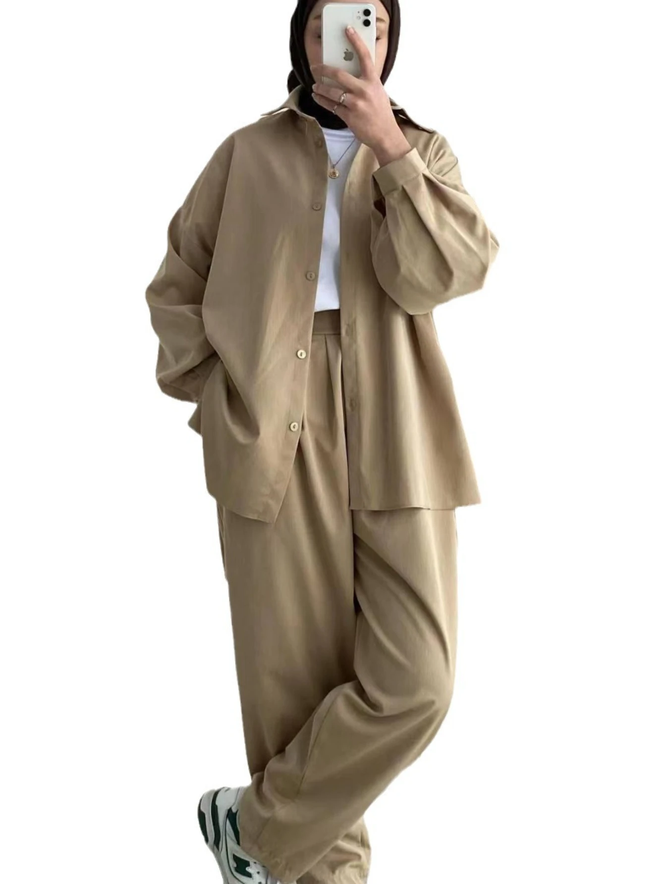 Eid Ensembles Musulmanes Femmes Chemise Solide Blouses Pantalon À Jambes Larges Ensemble Deux Pièces Musulman Ensemble Dubaï Arabe Maroc Décontracté Ramadan