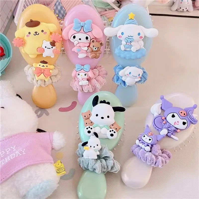 Kawaii Ins Sanrio Curly Comb with Elastic Hair Bands Cartoon Pochacco Edge Brush Scalp Massager Cute Hair Accessories for Girls